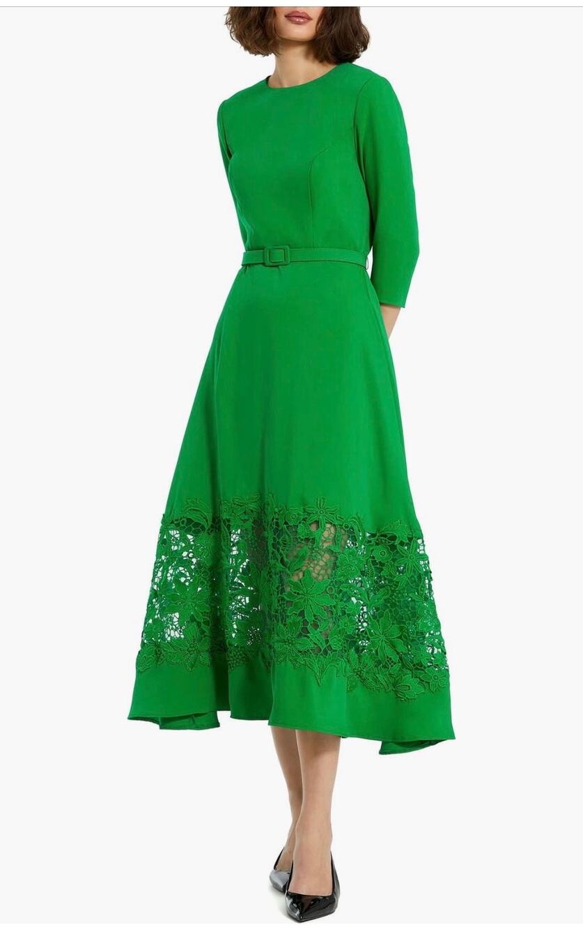 Mac Duggal XL Green Floral Lace Midi Dress $495 Crepe Boatneck Applique Cutout
